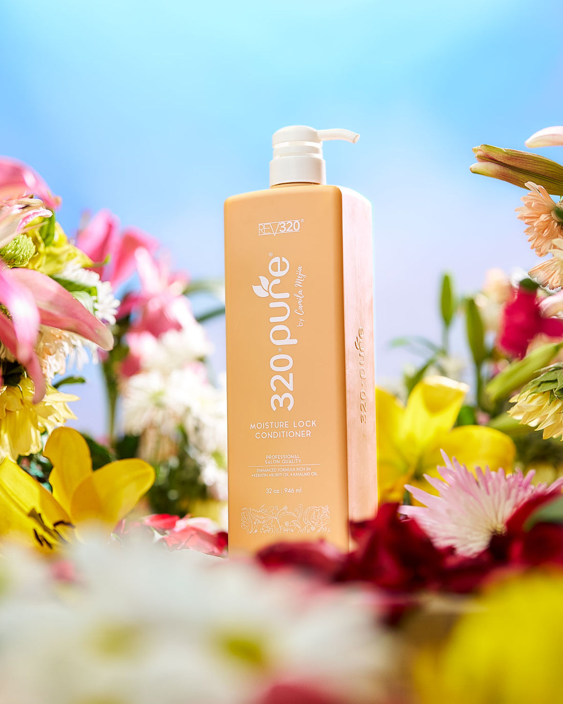 A bottle of 320 Pure moisture lock conditioner surrounded with flowers