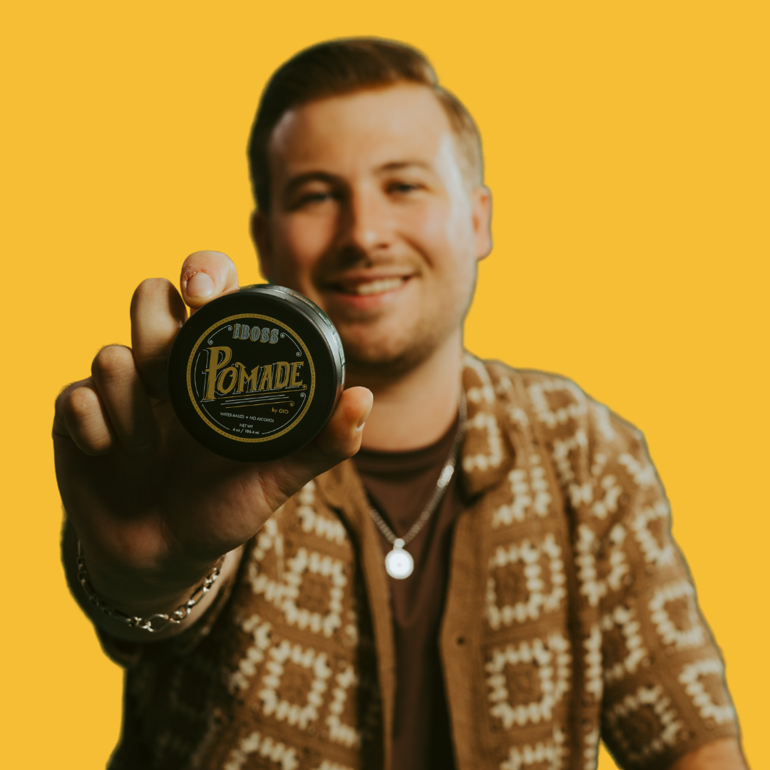 iboss pomade and man close up view