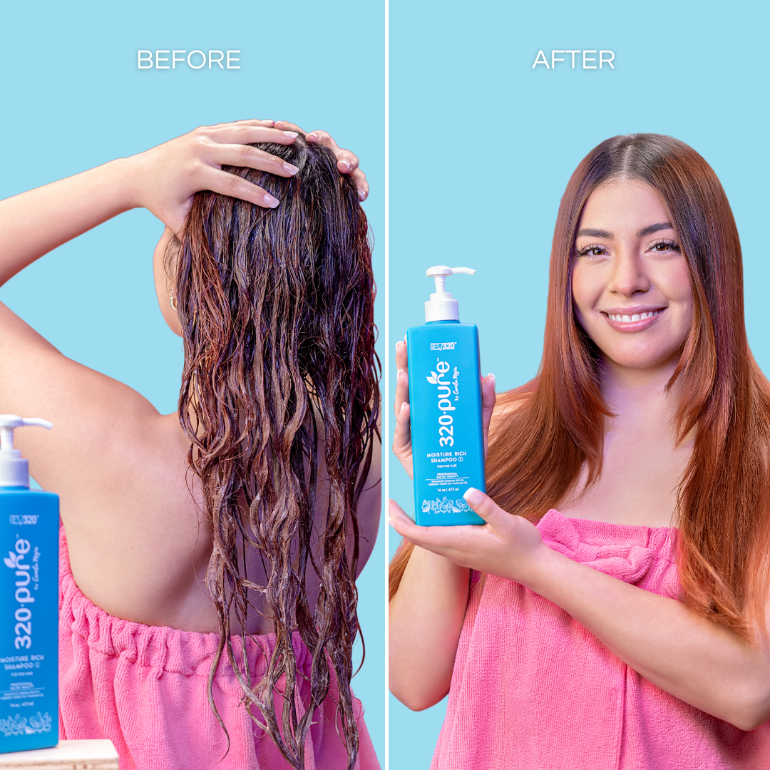 before and after applying 320 pure rich shampoo for fine hair