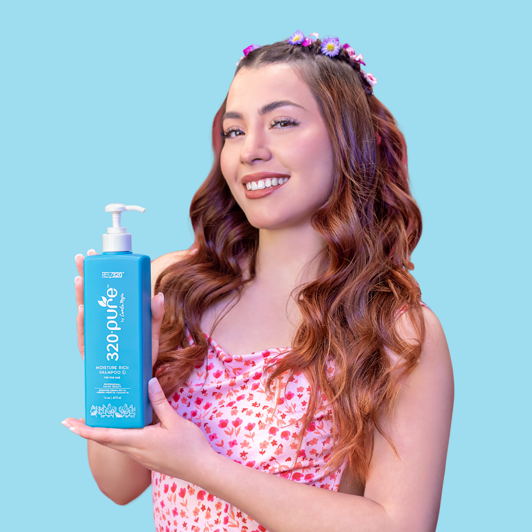 a model holding 320 pure rich shampoo for fine hair