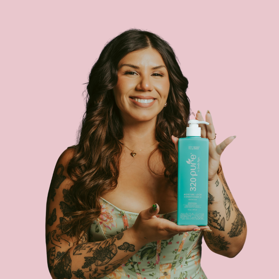 a model holding 320pure moisture conditioner for fine hair
