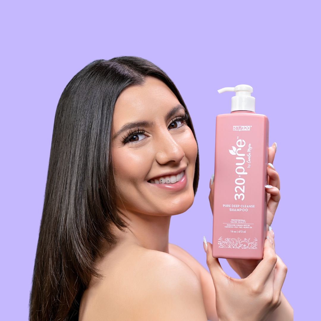 a model holding 320pure pure deep cleanse shampoo